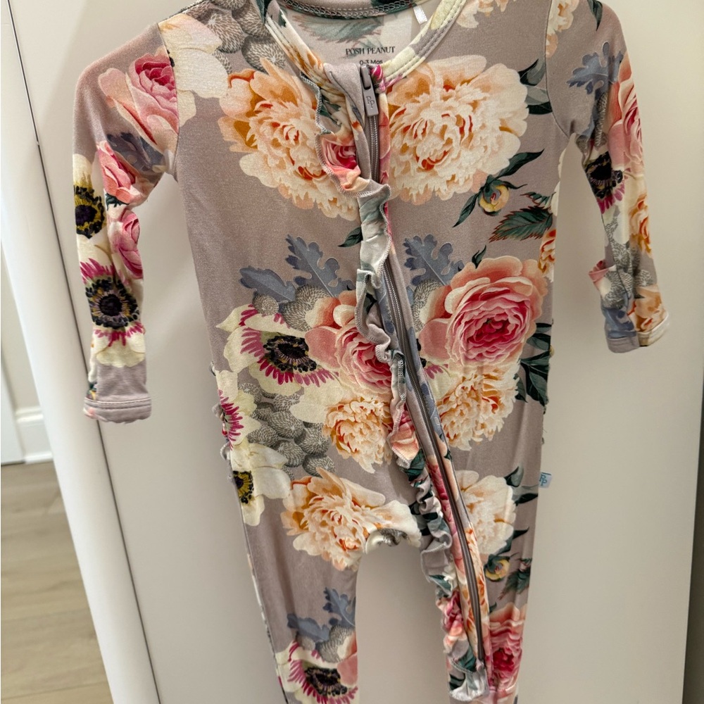Posh Peanut Floral Ruffle Footie in Taupe, Pink, Cream